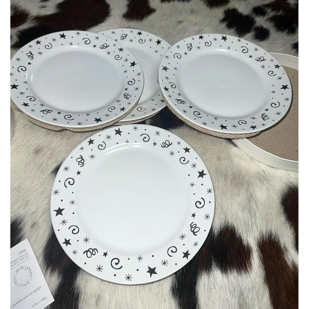 The Pampered Chef Dessert Plates Set of 4 White Black Gold Stars Excellent 8in